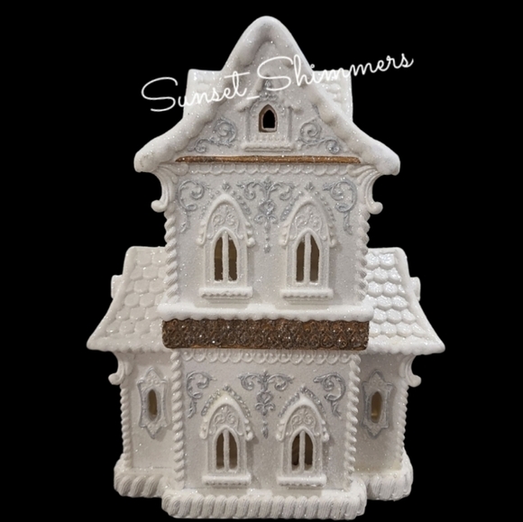 14" White Glitter Icing Scrollwork LED Lighted Victorian Gingerbread House New - Picture 9 of 10